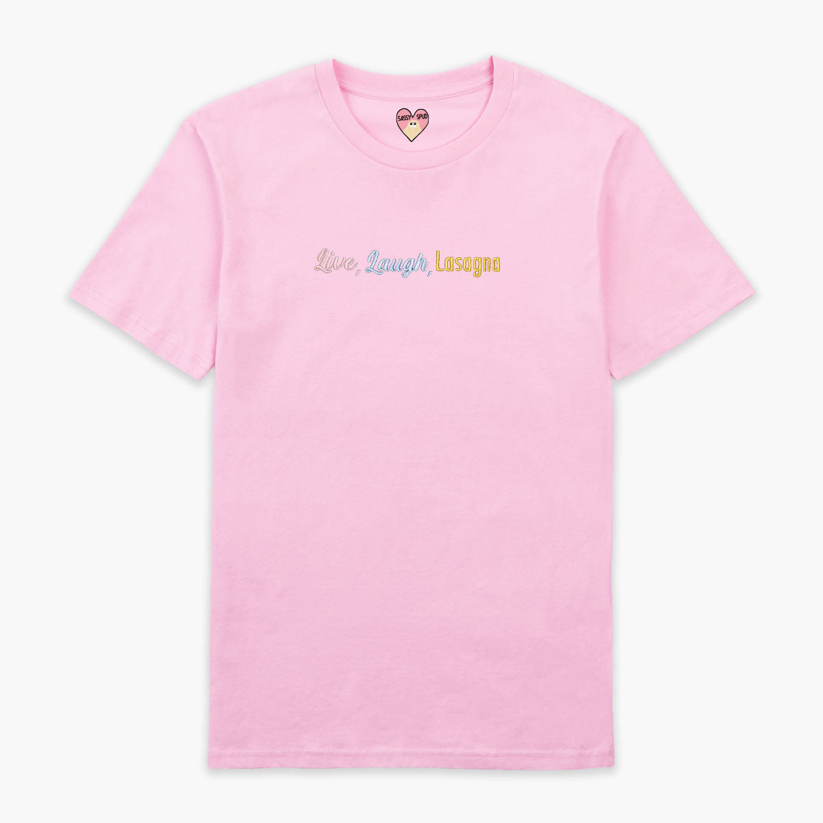 Live Laugh Lasagna Embroidered T-Shirt (Unisex)-Embroidered Clothing, Embroidered T Shirt, EP01-Sassy Spud