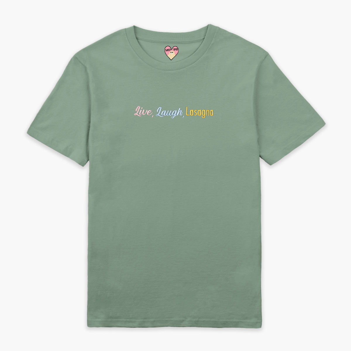 Live Laugh Lasagna Embroidered T-Shirt (Unisex)-Embroidered Clothing, Embroidered T Shirt, EP01-Sassy Spud