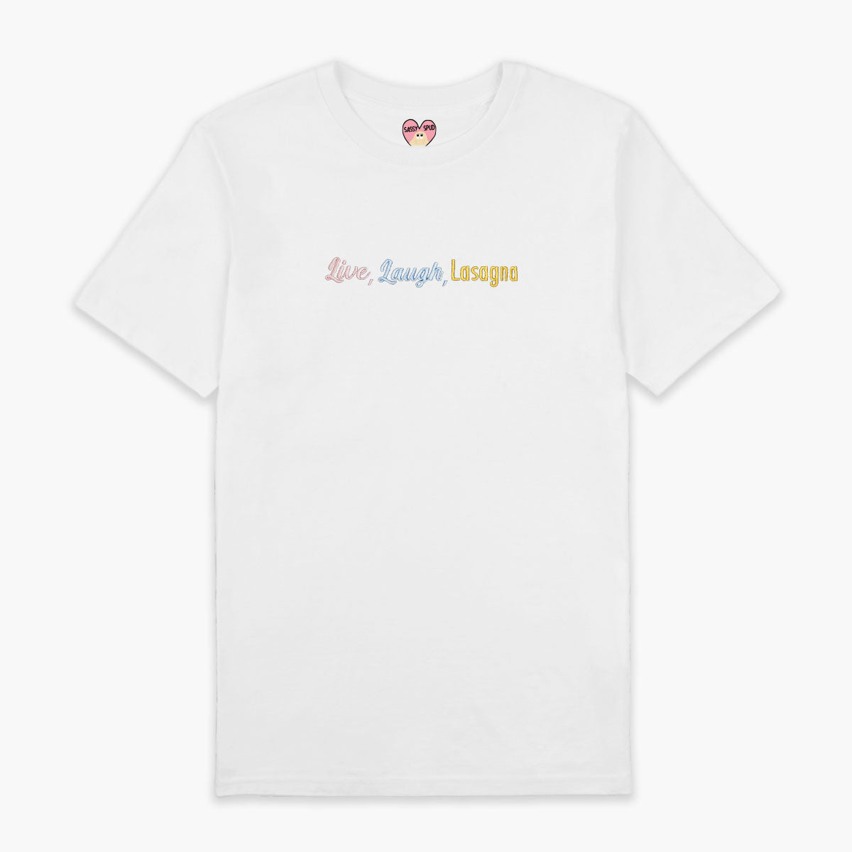 Live Laugh Lasagna Embroidered T-Shirt (Unisex)-Embroidered Clothing, Embroidered T Shirt, EP01-Sassy Spud