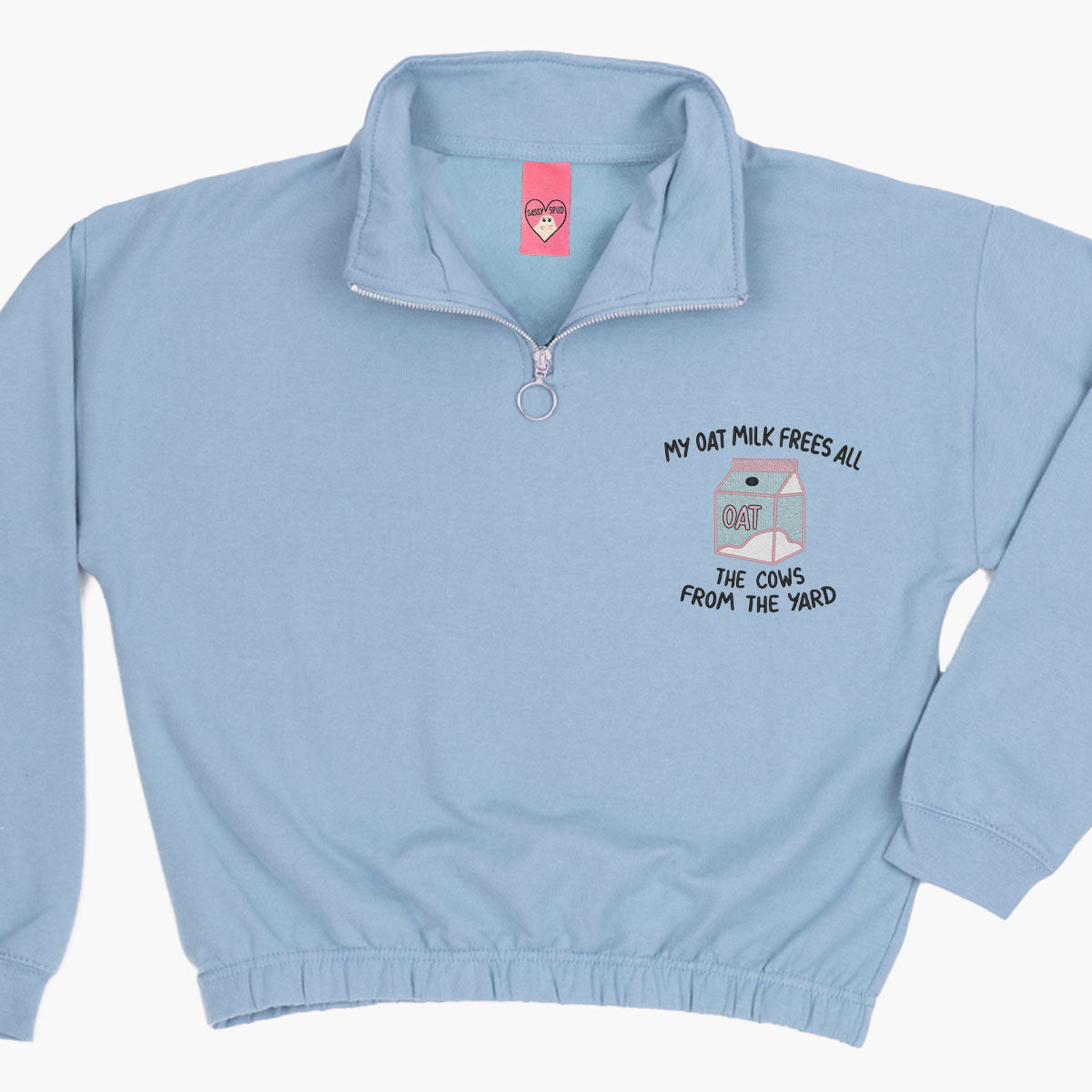 My Oat Milk Frees All The Cows From The Yard Embroidered 1/4 Zip Crop Sweatshirt-Embroidered Clothing, Embroidered 1/4 Zip Crop Sweatshirt, JH037-Sassy Spud
