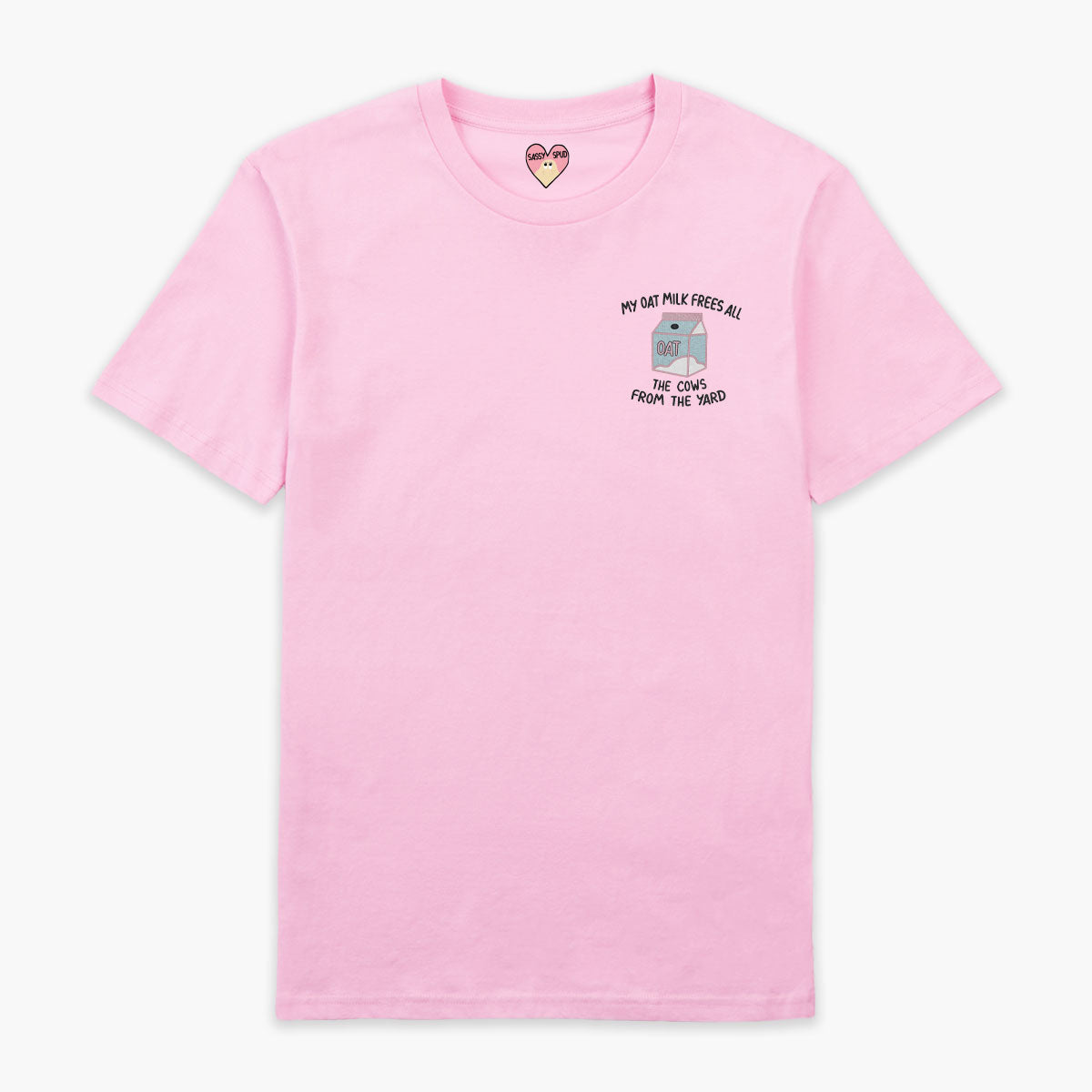 My Oat Milk Frees All The Cows From The Yard Embroidered T-Shirt (Unisex)-Embroidered Clothing, Embroidered T Shirt, EP01-Sassy Spud