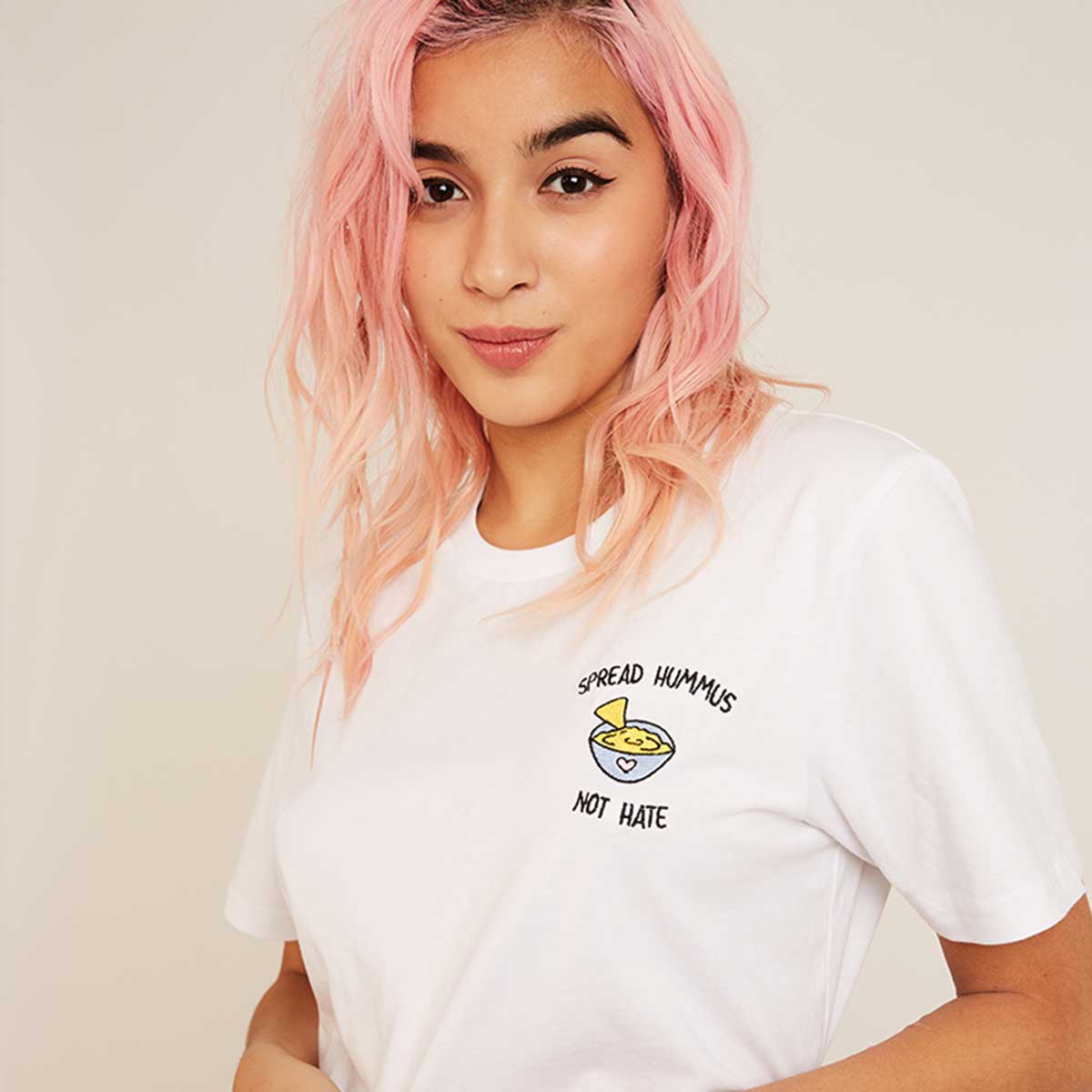 Spread Hummus Not Hate Embroidered T-Shirt (Unisex)-Embroidered Clothing, Embroidered T Shirt, EP01-Sassy Spud