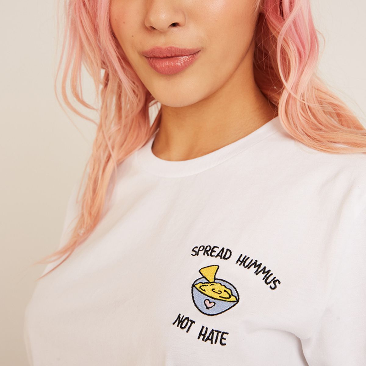 Spread Hummus Not Hate Embroidered T-Shirt (Unisex)-Embroidered Clothing, Embroidered T Shirt, EP01-Sassy Spud