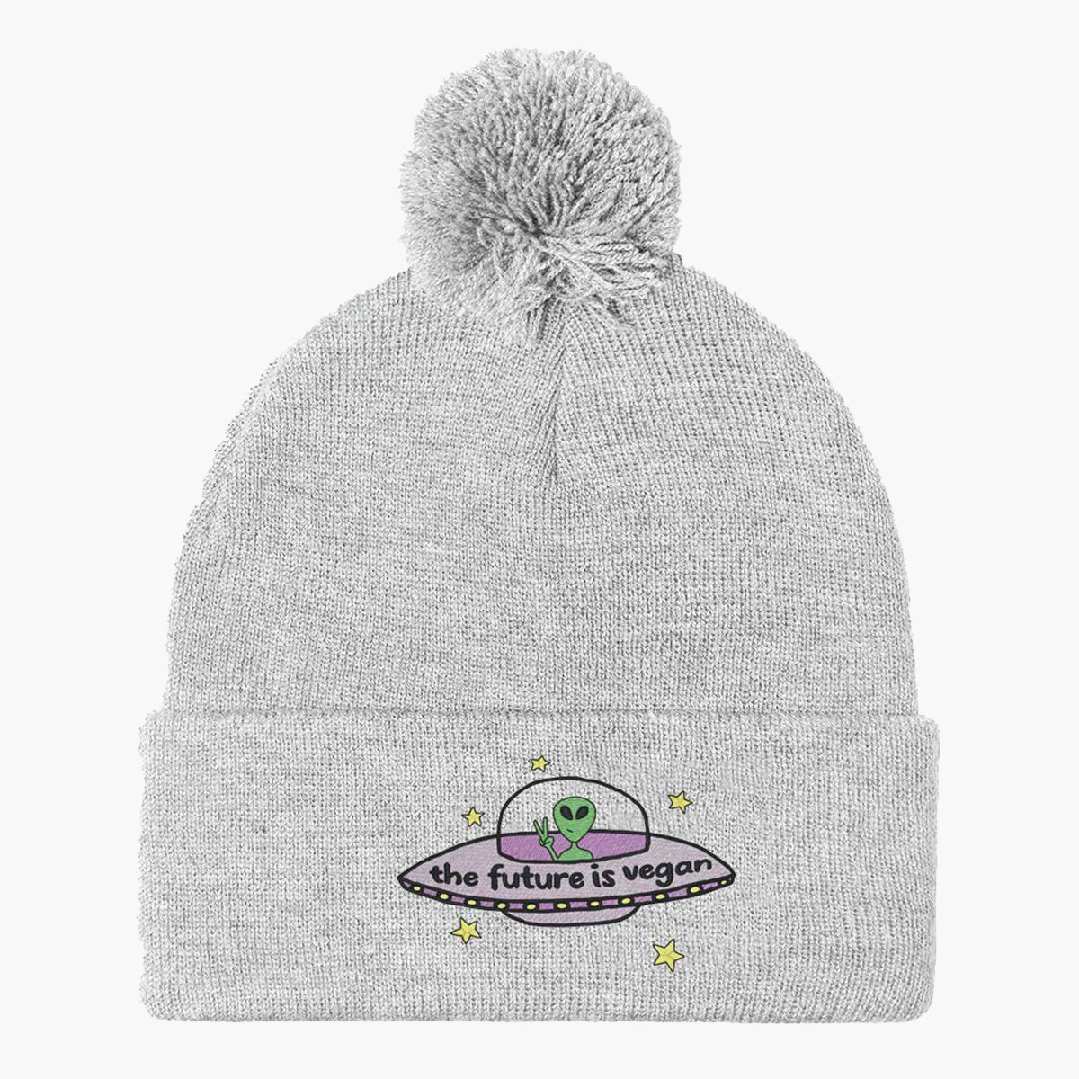 The Future Is Vegan Embroidered Pom Pom Beanie-Embroidered Clothing, Embroidered Beanie, BB426-Sassy Spud