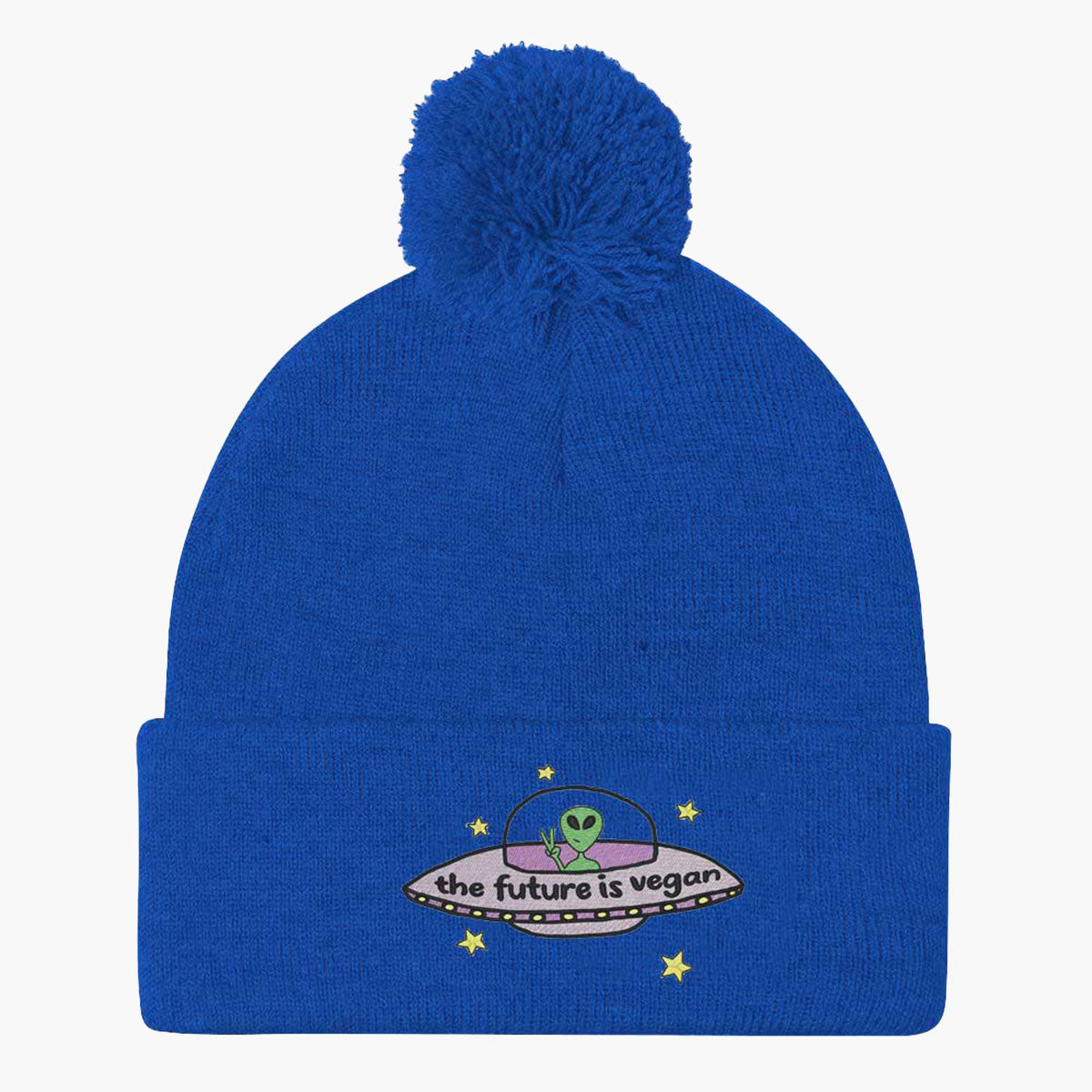The Future Is Vegan Embroidered Pom Pom Beanie-Embroidered Clothing, Embroidered Beanie, BB426-Sassy Spud