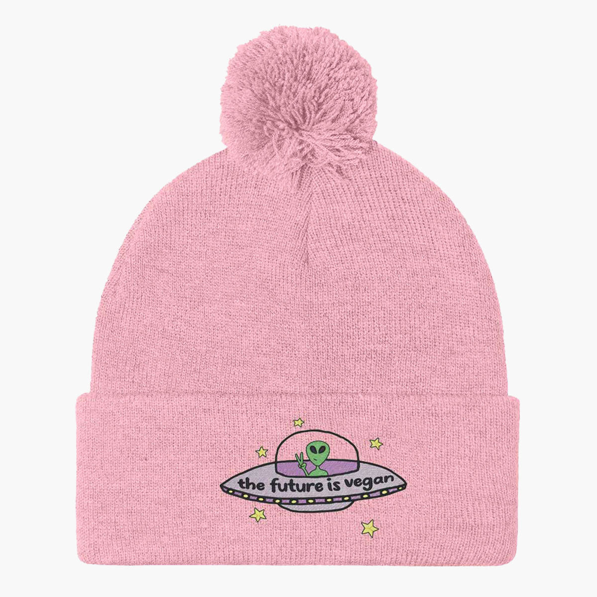The Future Is Vegan Embroidered Pom Pom Beanie-Embroidered Clothing, Embroidered Beanie, BB426-Sassy Spud