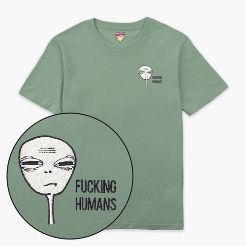 F*cking Humans Alien Embroidered T-Shirt (Unisex)-Embroidered Clothing, Embroidered T Shirt, EP01-Sassy Spud