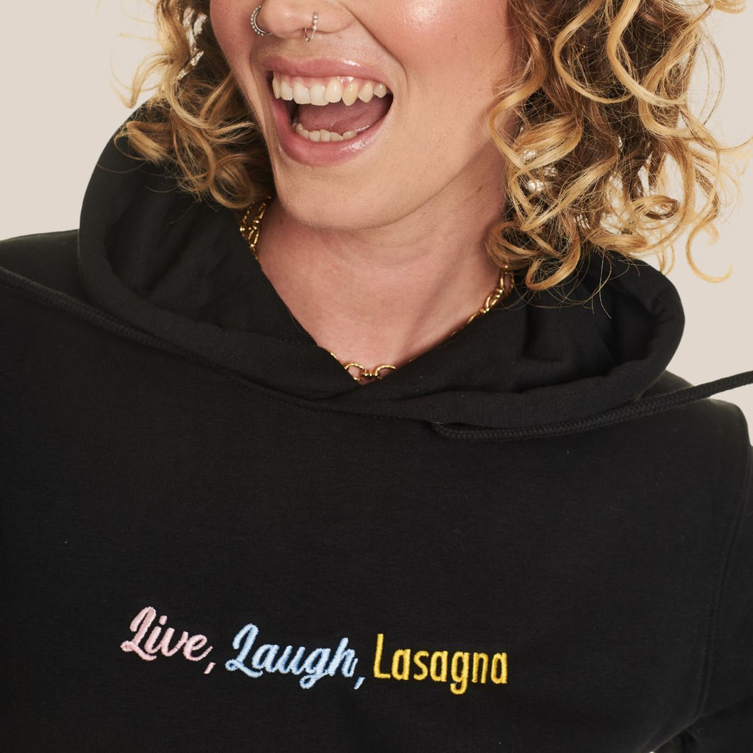 Live Laugh Lasagna Embroidered Hoodie (Unisex)-Embroidered Clothing, Embroidered Hoodie, JH001-Sassy Spud