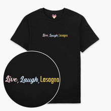Afbeelding laden in Galerijviewer, Live Laugh Lasagna Embroidered T-Shirt (Unisex)-Embroidered Clothing, Embroidered T Shirt, EP01-Sassy Spud