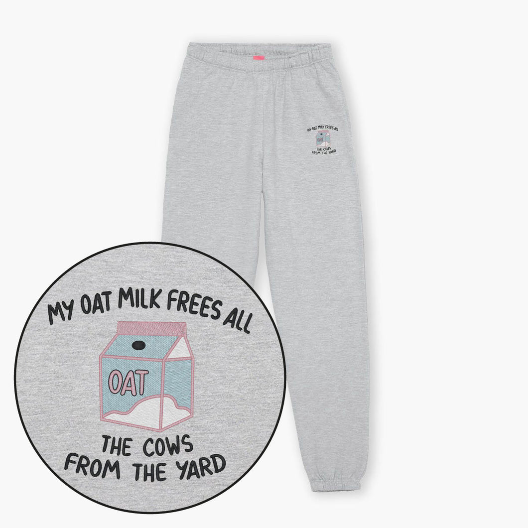 My Oat Milk Frees All The Cows From The Yard Embroidered Joggers (Unisex)-Embroidered Clothing, Embroidered Joggers, JH072-Sassy Spud