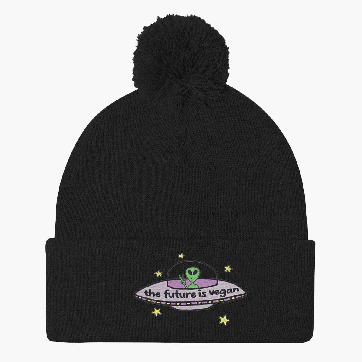 The Future Is Vegan Embroidered Pom Pom Beanie-Embroidered Clothing, Embroidered Beanie, BB426-Sassy Spud